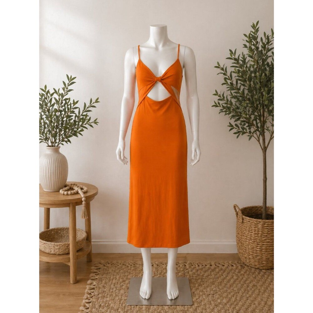 Zara Orange Cutout Midi Dress Size Large Bodycon Sleeveless Knot Front - Picture 3 of 6